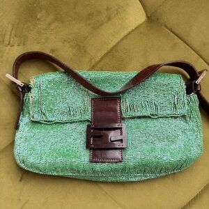 Fendi Green Beaded Shoulder Bag with Brown Strap
